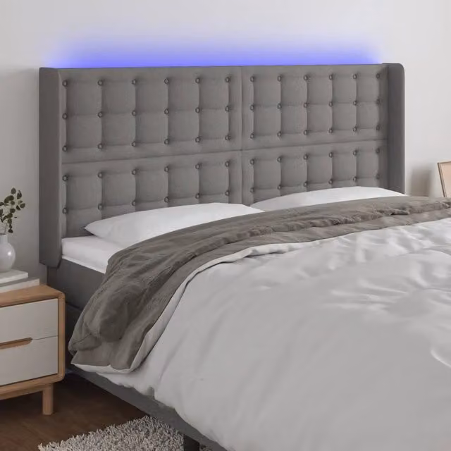 Testiera per letto con illuminazione LED e porta USB vidaXL in tessuto grigio, L: 183 cm, P: 16 cm, H: 118-128 cm