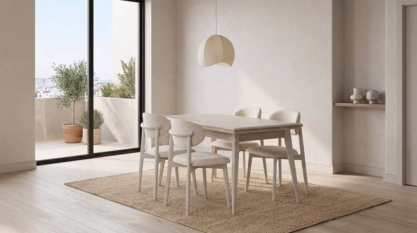 Set per sala da pranzo: tavolo e 4 sedie, colore beige, stile moderno ed elegante. Gruppo tavolo e sedie per sala da pranzo
