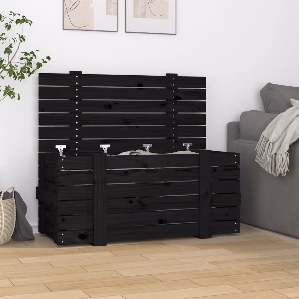 vidaXL Contenitore Portaoggetti in Legno di Pino Massello Nero L: 91 cm, P: 40,5 cm, H: 42 cm