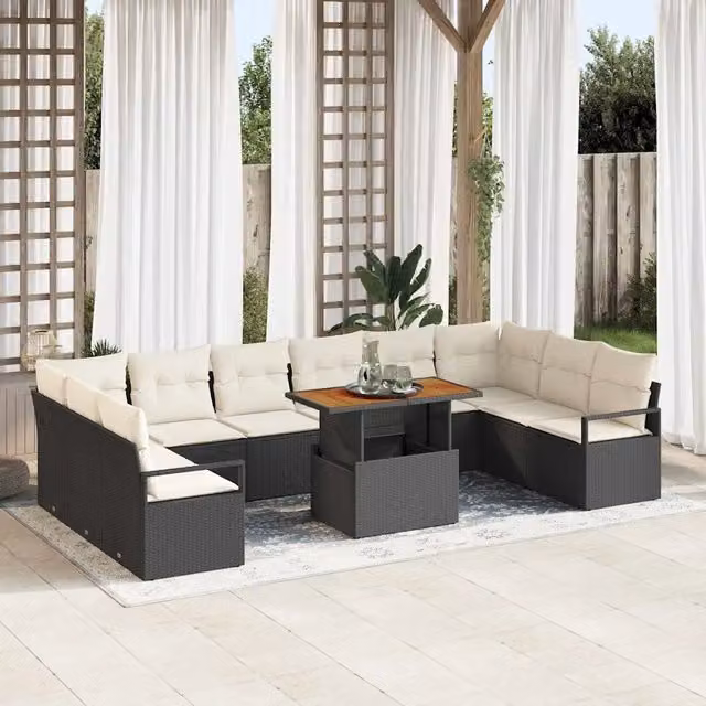 Set Divano da Giardino vidaXL 11 Pezzi a Forma di U con Cuscini Nero e Beige