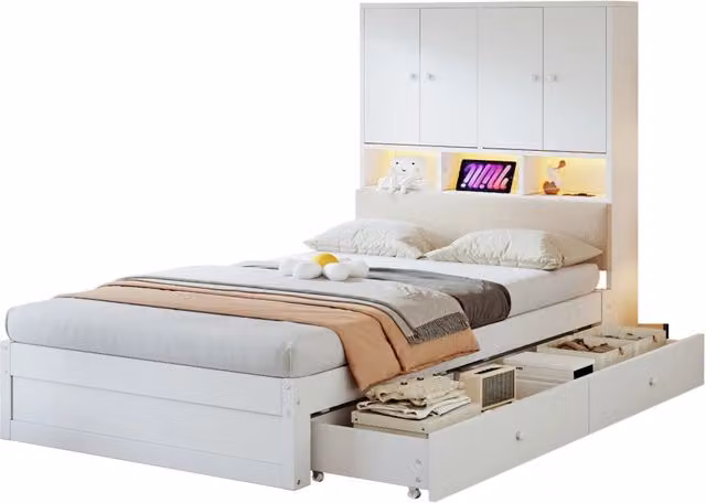 Letto singolo 90x200 in legno bianco con contenitore， LED， presa e rete a doghe， senza materasso