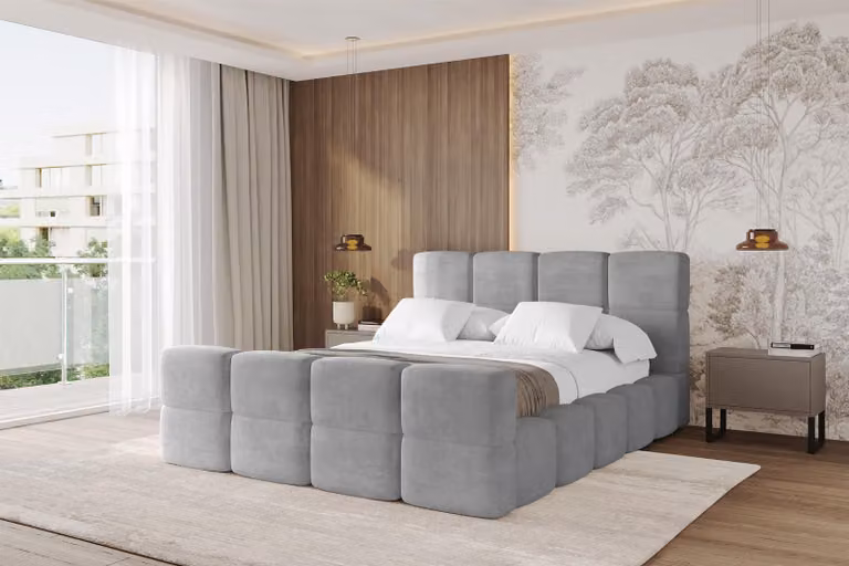 Letto imbottito ALTDECOR con contenitore - NATA-Z 120x200 Grigio, letto con testiera, letto contenitore con materasso H3/H4, letto matrimoniale con contenitore