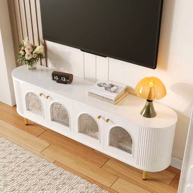 Mobile TV con 4 ante in vetro passacavi e cerniere ammortizzate in MDF bianco e oro 170 × 35 × 55 cm