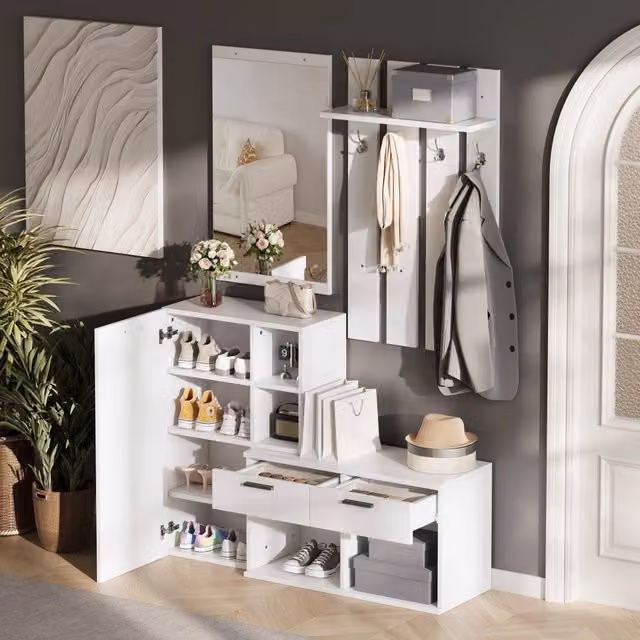 Garderoba da ingresso WISHDOR bianca con specchio, scarpiera, 2 cassetti e 4 ganci, L: 120 cm, P: 35 cm, H: 175,5 cm