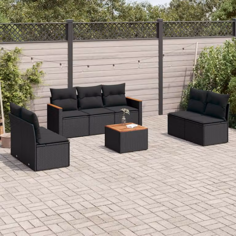 Set di divani da giardino vidaXL in polyrattan nero con cuscini e tavolino da esterno a forma di L