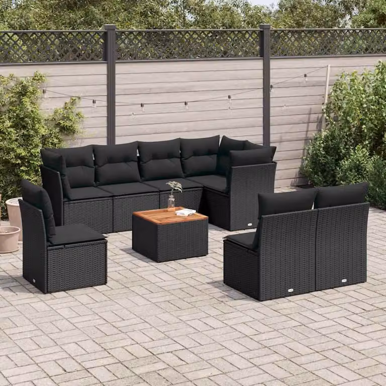 Set di divani da giardino vidaXL in polyrattan nero con cuscini e tavolino da esterno a forma di L
