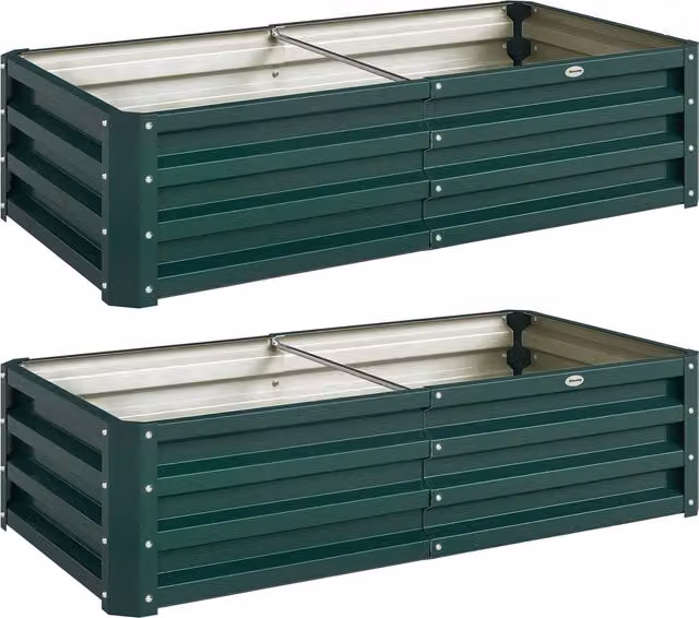 Set di 2 orti rialzati rettangolari Outsunny in acciaio ondulato galvanizzato, Verde scuro, L: 120 cm, P: 60 cm, H: 30,5 cm