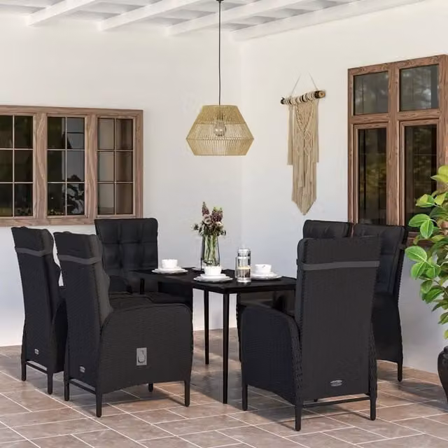 Set da Pranzo da Giardino vidaXL in Polyrattan Nero con Tavolo in Vetro e 7 Sedute con Cuscini