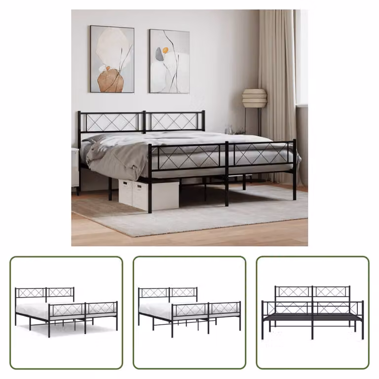 The Living Store Struttura letto con testiera e pediera in metallo nero 140x200 cm