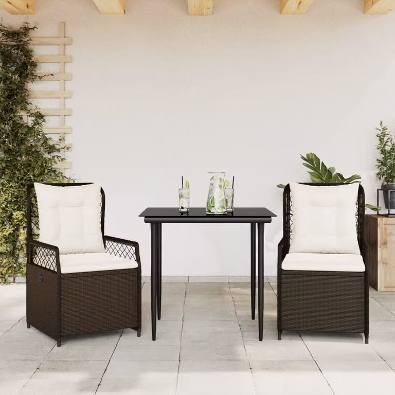 vidaXL Set da Pranzo da Giardino 3pz in Polyrattan Marrone con Piano in Vetro