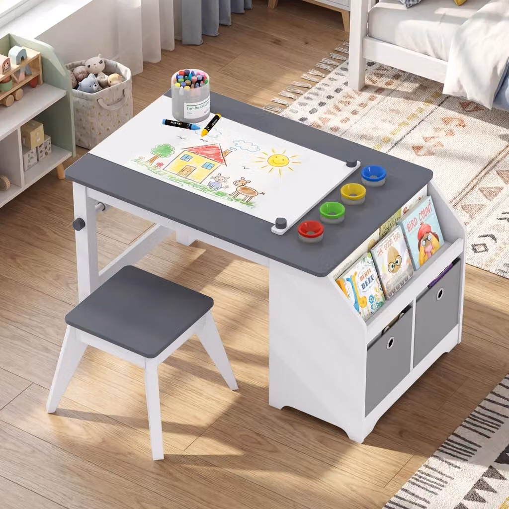 Set tavolo da disegno con sgabello per bambini in legno di pino, con piano inclinabile e contenitore in tessuto bianco e grigio, ideale per cameretta e asilo – 2