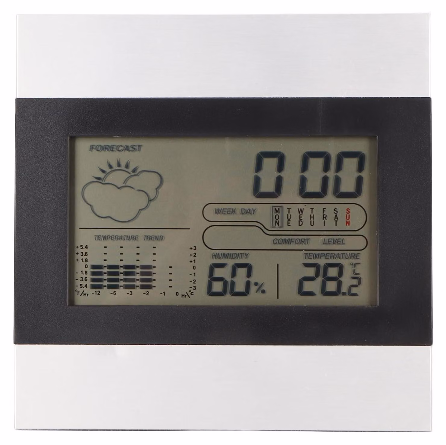 Stazione meteorologica con temperatura, umidità e sveglia