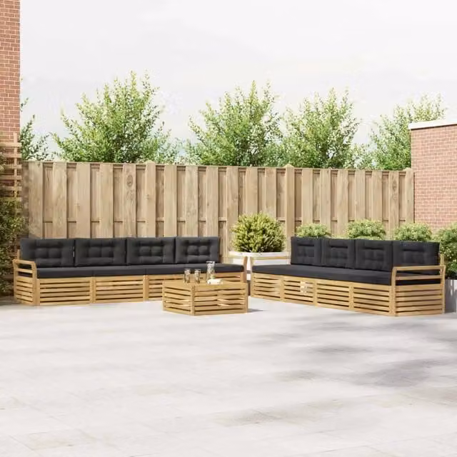 Set di mobili da giardino vidaXL composto da divano a 3 posti, poltrone e tavolino da caffè in legno di acacia con cuscini bianchi e antracite – 1