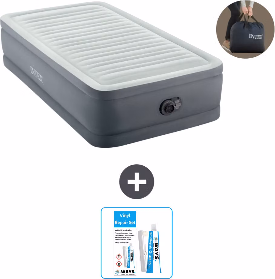 Intex Airbed - 1 persona - 99 x 191 x 46 cm - Grigio - Pompa inclusa - Kit di riparazione