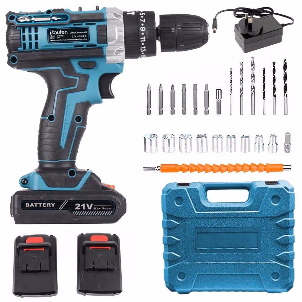 Trapano avvitatore a batteria - Set 3-in-1 - 36 V - 2 batterie - Valigetta porta attrezzi - Mandrino autoserrante da 10 mm - Colore blu