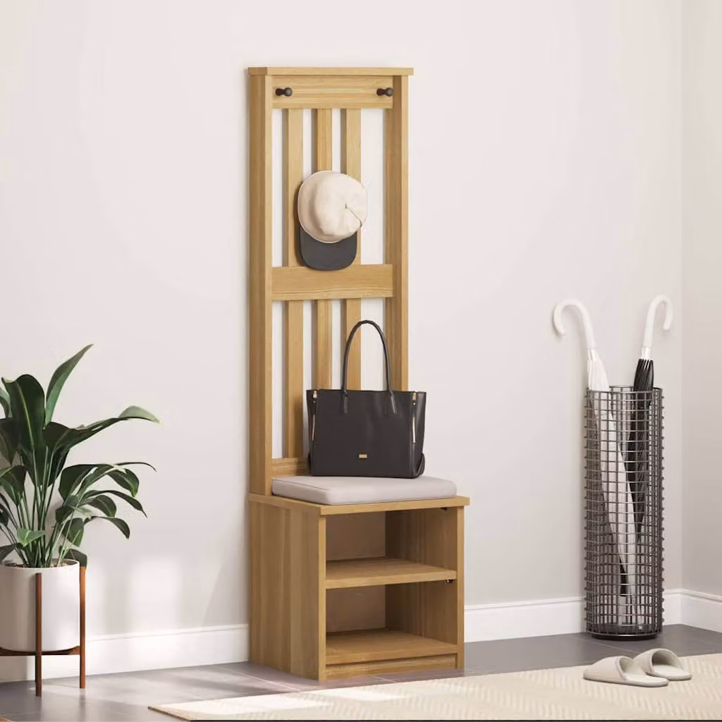 vidaXL Albero da Ingresso SANDNES in Legno di Pino con Panca, Stile Rustico, Marrone e Beige, L: 45 cm, P: 40 cm, H: 159,5 cm