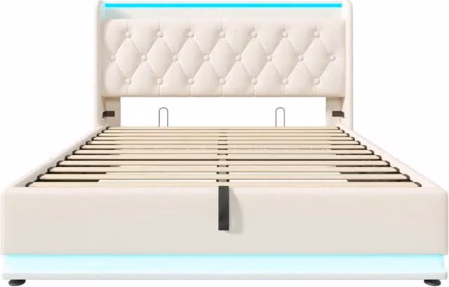Letto matrimoniale imbottito 140x190 cm con illuminazione LED 360°, testiera con porta USB Tipo-C, struttura in PU bianco con contenitore idraulico (senza materasso)