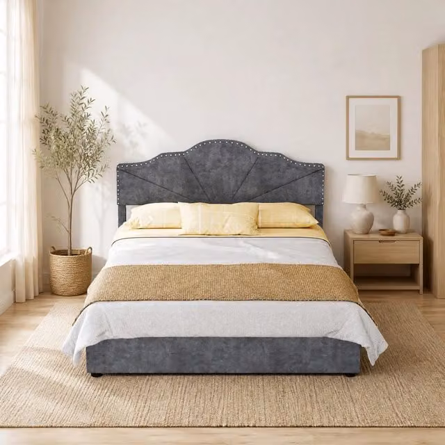 Letto imbottito 140 × 200 cm con testiera geometrica in tessuto grigio rete a doghe struttura in legno e metallo