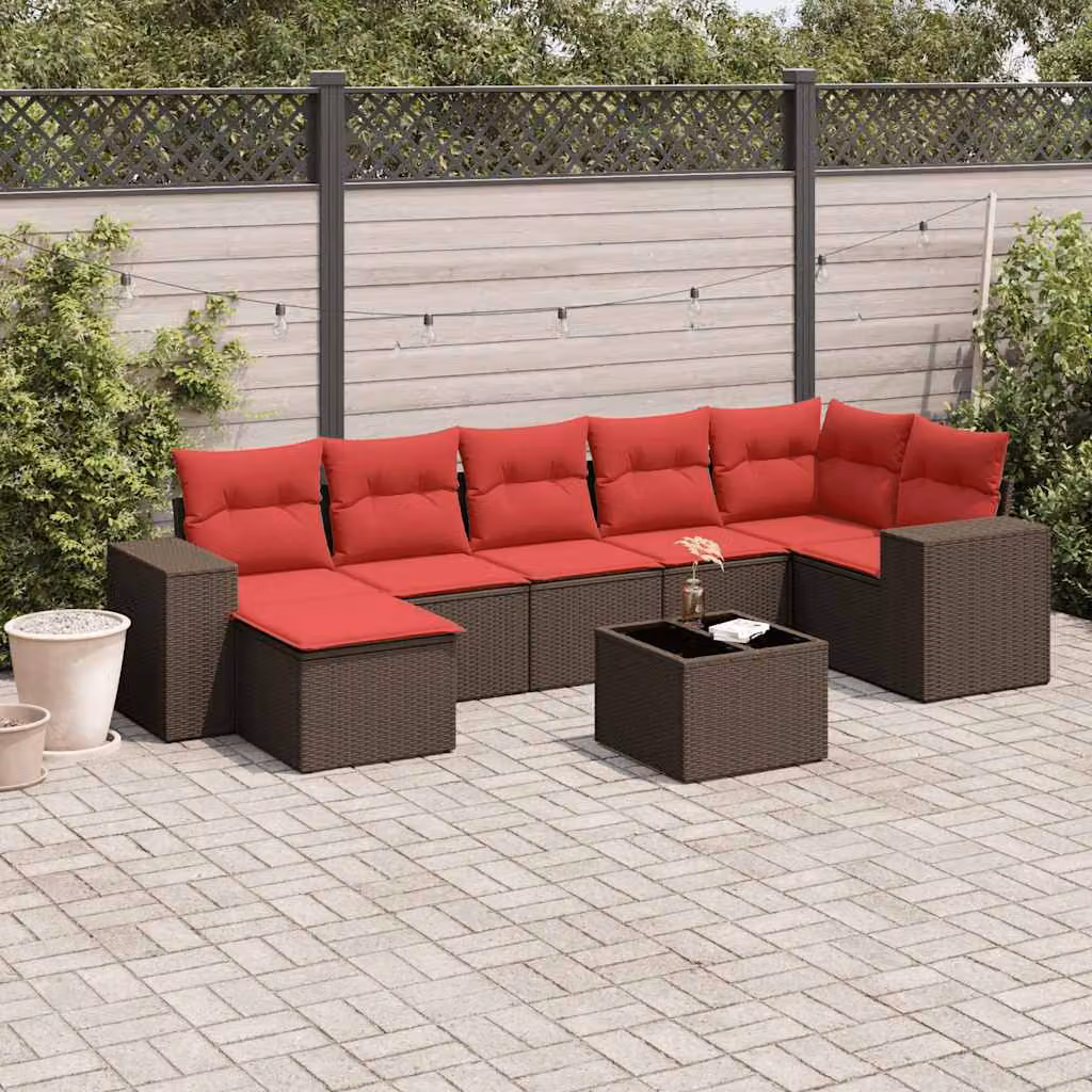Set Divani da Giardino vidaXL 8 pz in Polyrattan Marrone con Cuscini e Tavolino da Esterno