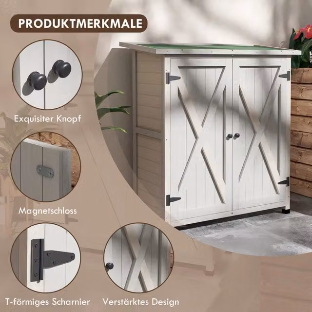 Mobile contenitore da giardino con 2 ante 2 ripiani e vano aperto con tetto inclinato per terrazza in legno 110×55×117 cm