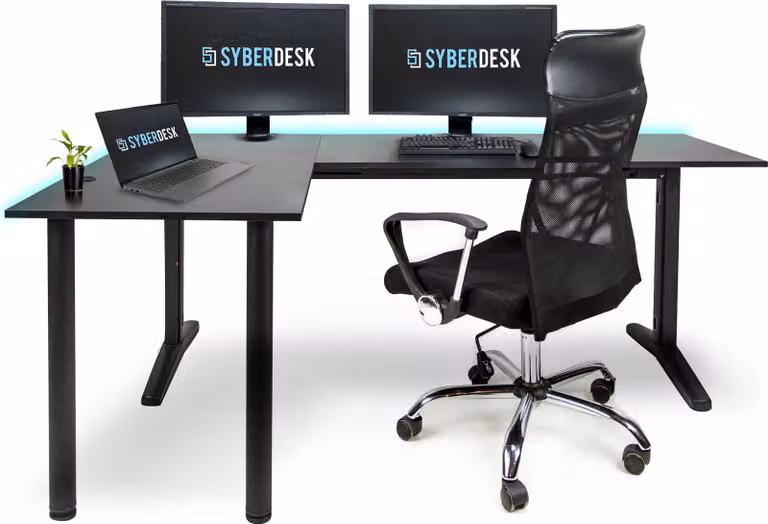 Scrivania da gioco angolare SyberDesk V2 LED, 197 x 132 cm, scrivania da gioco a L RGB, HUB USB, cablaggio, scrivania da computer a L, (sinistra, nero)