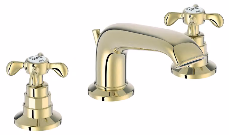 Miscelatore per lavabo a 3 fori, con manopole a croce, color beige-oro, portata massima di 5 litri al minuto
