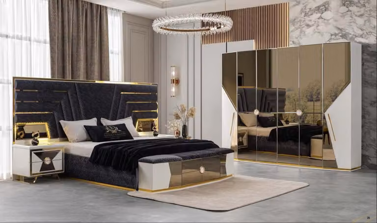Modernes Schwarzes Polsterbett Weißer Kleiderschrank 2x Nachttische