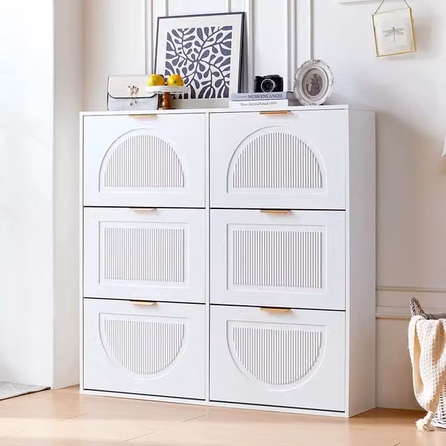 Scarpiere moderna 6 scomparti - Xylo - L118xH115xP25 cm - Bianco - Apertura a ribalta per ingresso/corridoio