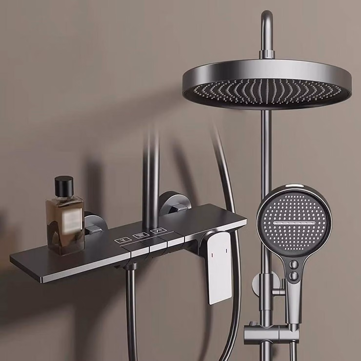 Sistema doccia a pioggia con miscelatore, regolabile in altezza, soffione da 32,5 cm, doccetta manuale con 4 getti, colore grigio gunmetal