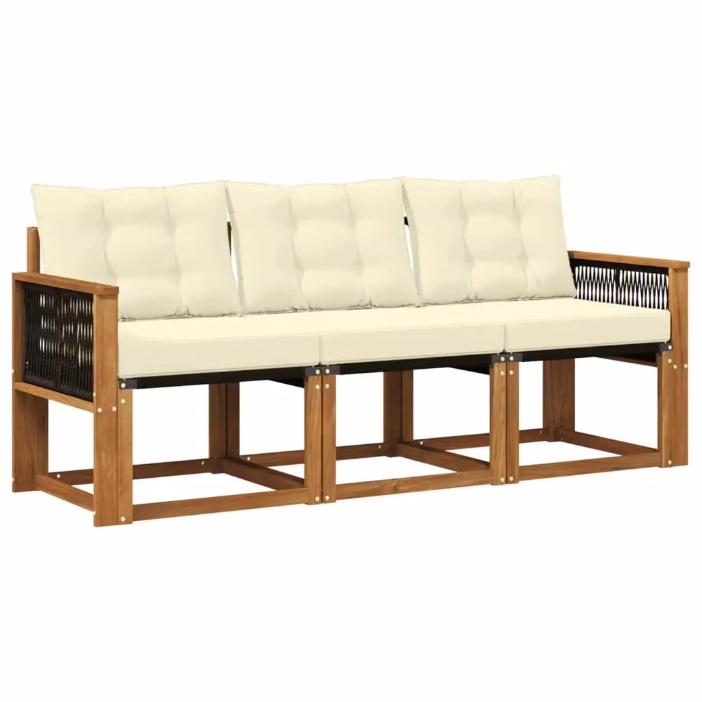 Set di divani da esterno 3 pezzi vidaXL in legno di acacia e textilene, colore beige e bianco con cuscini inclusi – 2