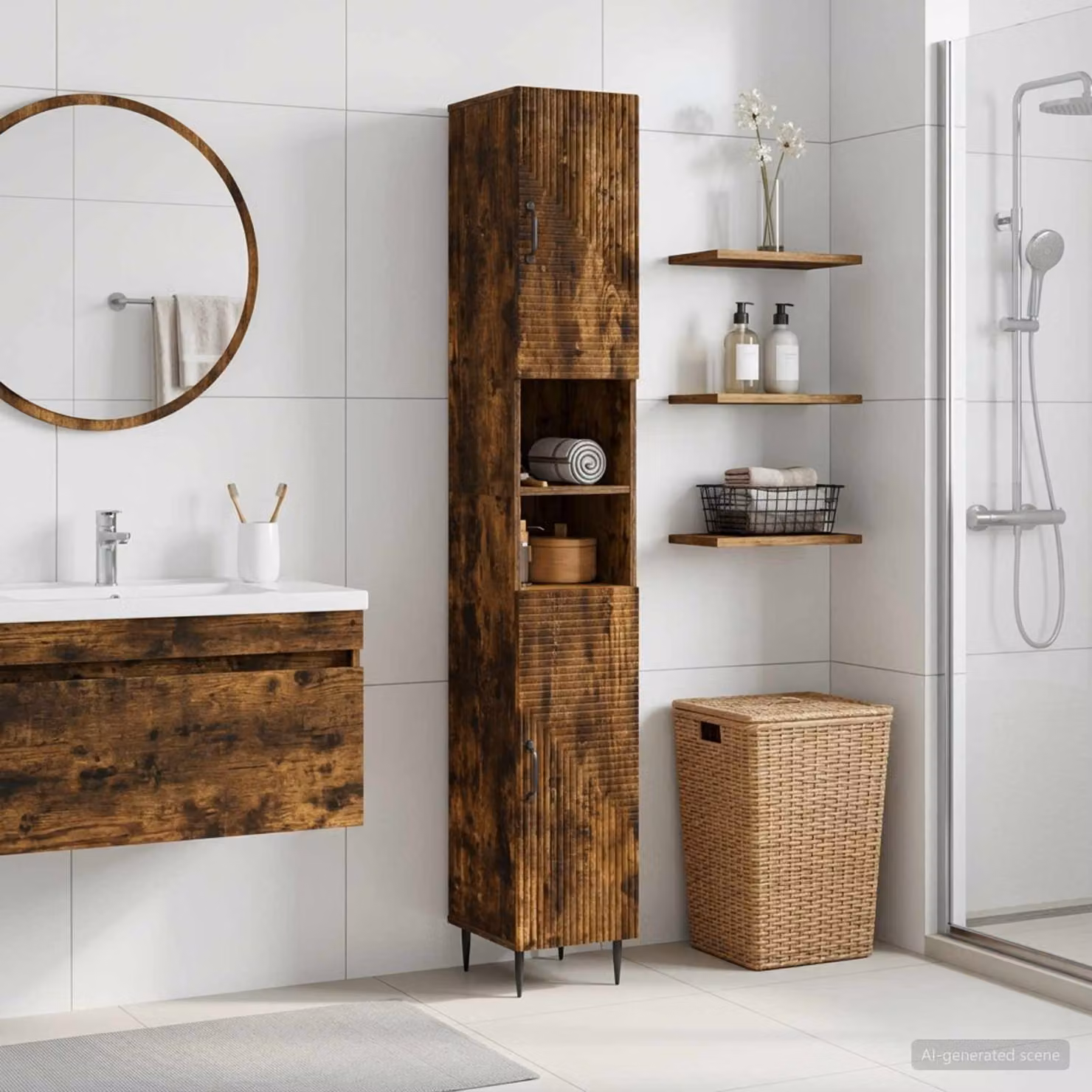 Armadio da Bagno Moderno vidaXL HAARLEM con Ripiano Aperto e Ante a Battente, Rovere Fumo e Nero, L/P/H: 60 x 31 x 190 cm