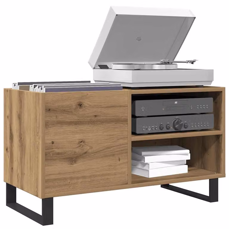 vidaXL Mobile Porta Dischi in Rovere e Metallo, Colore Marrone, L/P/H: 84,5 x 38 x 48 cm