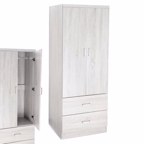 MA MAISON Armadio 2 Ante e 2 Cassetti - Struttura in Legno Truciolare, Guardaroba, Moderno, Asta Appendiabiti, con Maniglie, Spazioso, Organizzatore Vestiti - 80 x 52 x 190 cm (Bianco Legno)