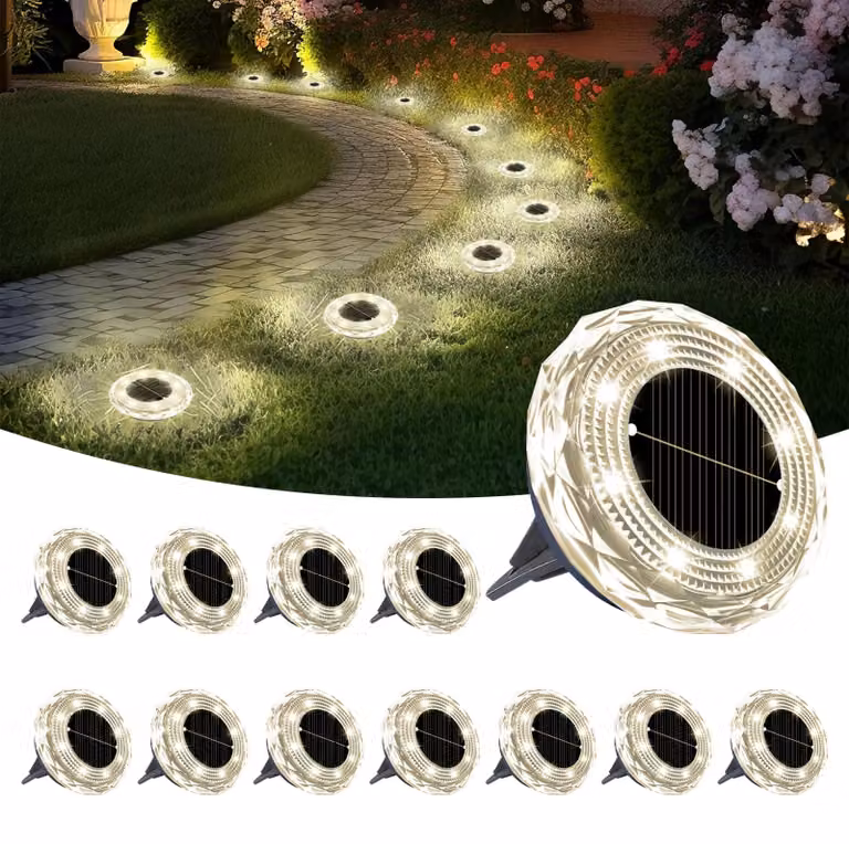 Fari a incasso per pavimenti solari, 12 pezzi, luce naturale, materiale ABS, grado di protezione IP65