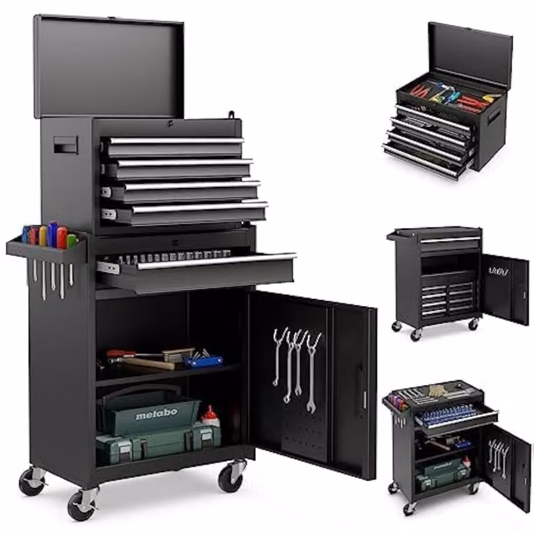 Carrello da officina 2 in 1, completo di valigetta, 8 scomparti, ganci e piano regolabile