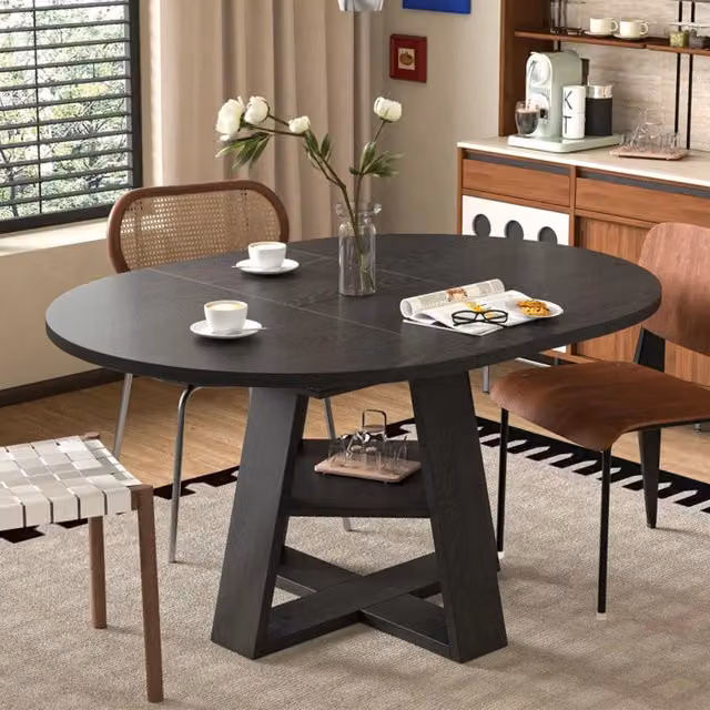 Tavolo da pranzo rotondo allungabile 110/150x110 cm, nero effetto legno, per 4-6 persone, con vano portaoggetti e ripiani