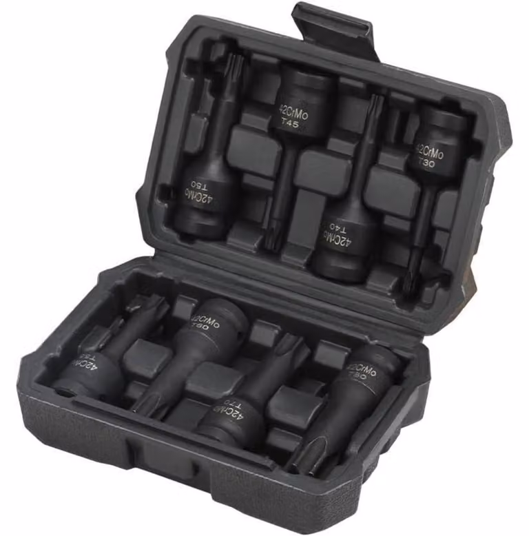 Set di chiavi a bussola Torx per avvitatore a impulsi, 8 pezzi, 1/2", DR T30-T80, acciaio cromo-molibdeno, finitura fosfata nera