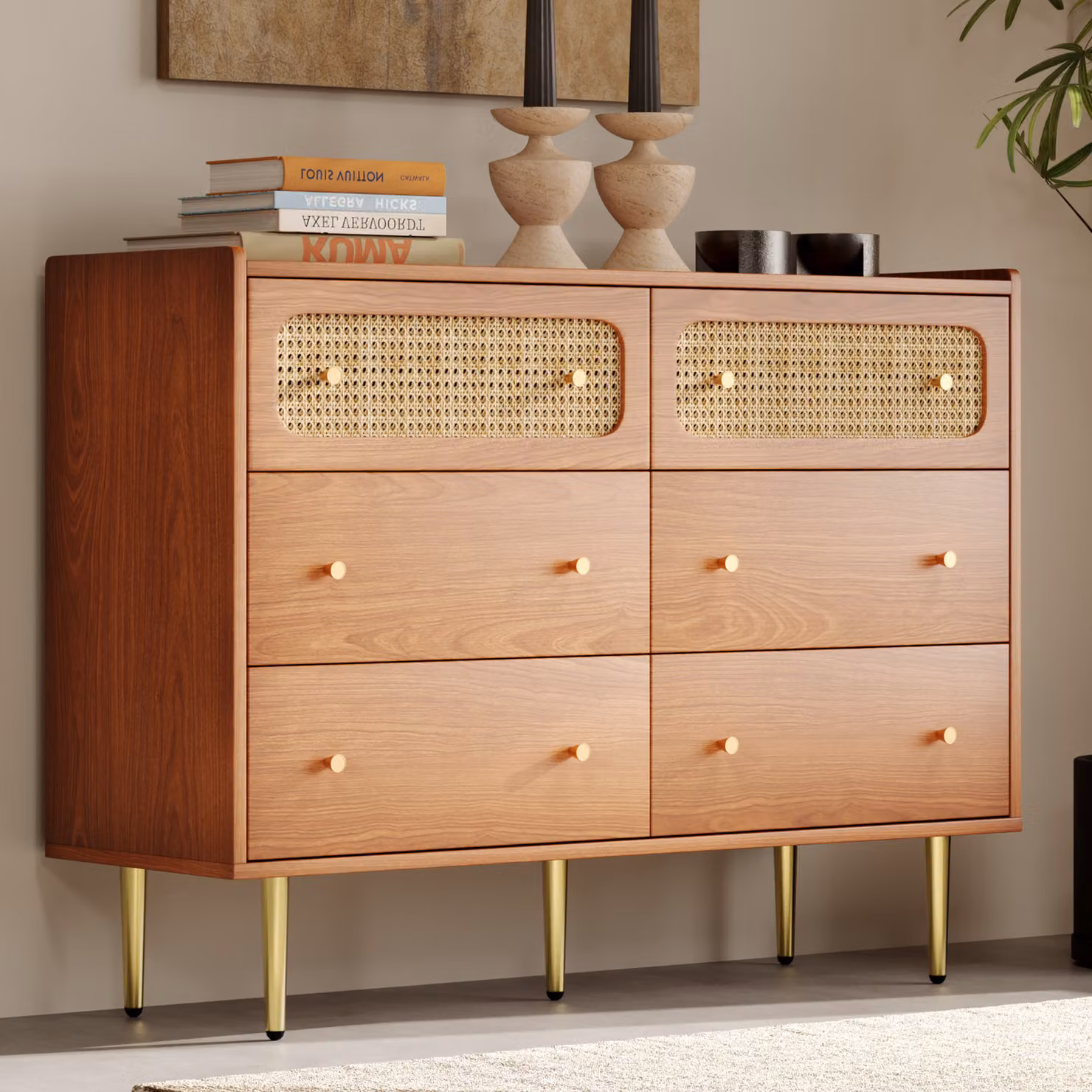Credenza Merax 120 cm con 6 cassetti, cassettiera in legno massiccio con intreccio in rattan, credenza in legno con gambe in metallo, aspetto vintage in noce, soggiorno