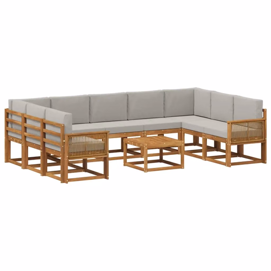 Set di divani da esterno vidaXL in legno di acacia con cuscini, colore Naturale e Grigio Chiaro, 10 pezzi – 2