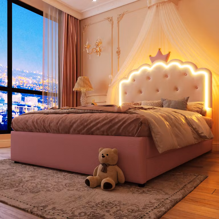 Letto imbottito Merax 140x200 cm, letto da principessa per bambini con 2 cassetti, LED, rete a doghe, forma a , letto piano, letto per ragazzi, PU, rosa