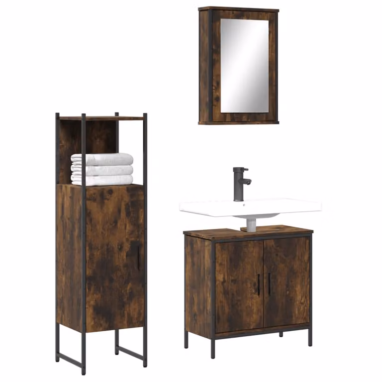 Set di mobili da bagno moderno vidaXL in legno e metallo color marrone, composto da 3 pezzi con mobile lavabo e armadietto con specchio, L/P/H: 120.5 x 60.0 x 30.0 cm