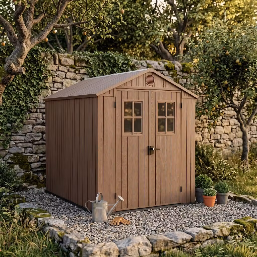 Casetta da giardino Keter Darwin 6x8 in resina marrone con finitura effetto legno ed Evotech+, L/P/H: 190 x 221 x 244 cm – 2