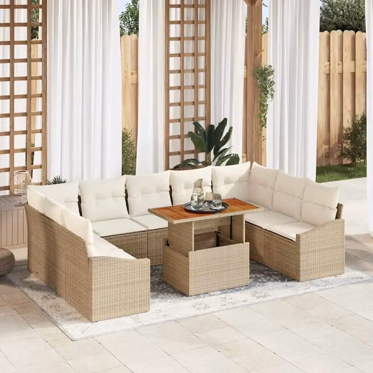 vidaXL Set Divano da Giardino 10 Pezzi in Poly Rattan Beige con Cuscini e Tavolino