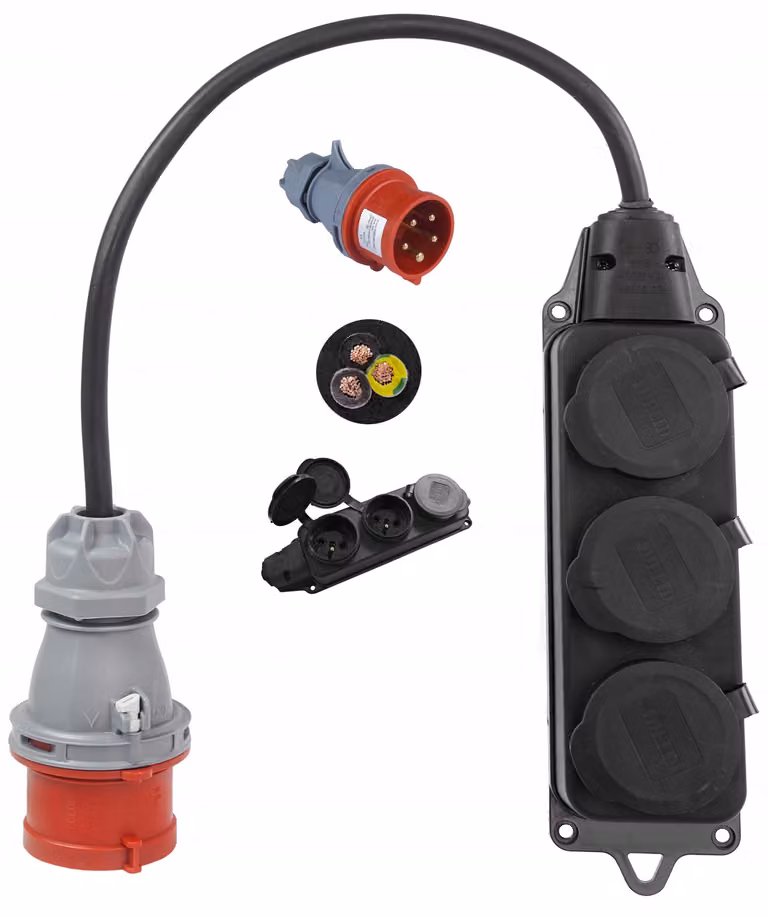 Adelid WP165>3L, adattatore da 16A, connettore a 5 poli a 3 prese da 230V, con isolamento in gomma