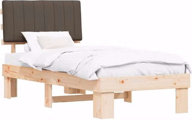 Letto singolo moderno in pino massello con testiera rivestita in tessuto beige o marrone L/P/H: 211 x 93 x 93 cm – 1