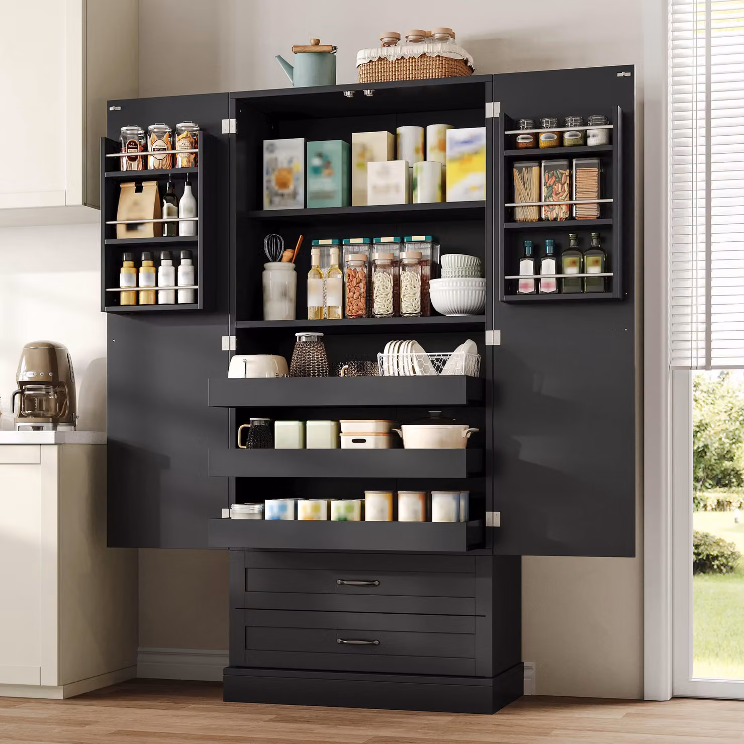 Mobiletto da cucina nero Flieks, 180 cm, con 3 ripiani estraibili e cassetti, armadietto alto a doppia porta con ripiani interni, ideale per cucina, sala da pranzo, soggiorno o come mobiletto contenitore