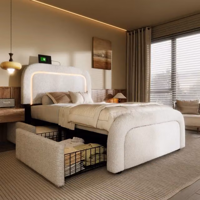 Letto singolo con cassetti 90 × 200 cm con LED; USB e Type-C; testiera regolabile; rivestito in sherpa bianco