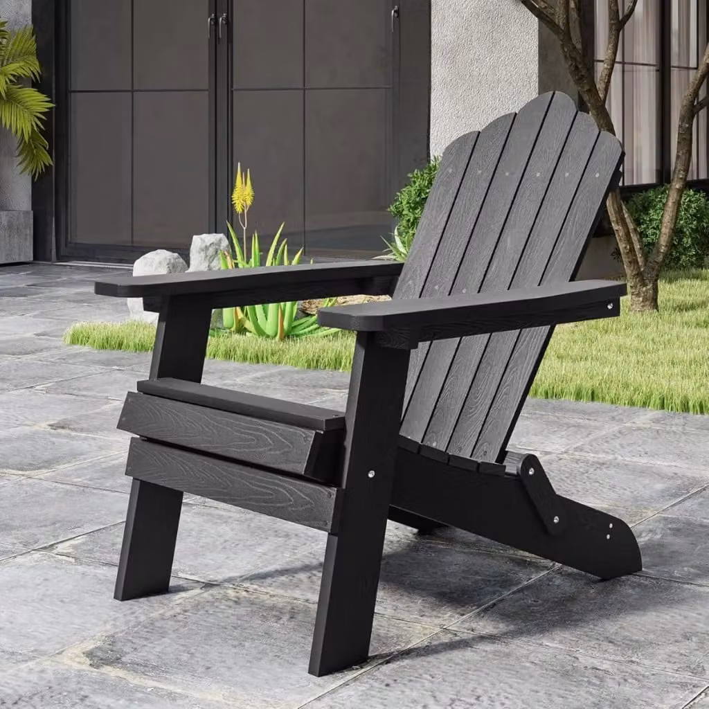 Sedia Adirondack pieghevole in acciaio inossidabile e plastica resistente alle intemperie con braccioli larghi, colore nero opaco, impilabile per giardino e patio – 2