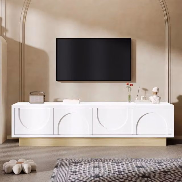 Mobile TV moderno REDOM in MDF bianco con base effetto legno per soggiorno L: 175 cm, P: 40 cm, H: 41,5 cm