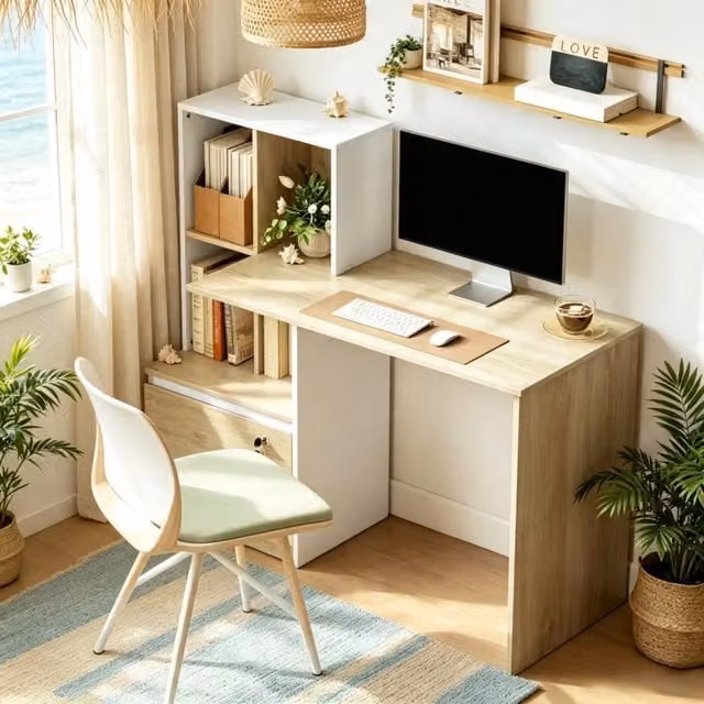 Scrivania per computer con libreria 4 vani e cassetto con serratura, bianco e rovere chiaro